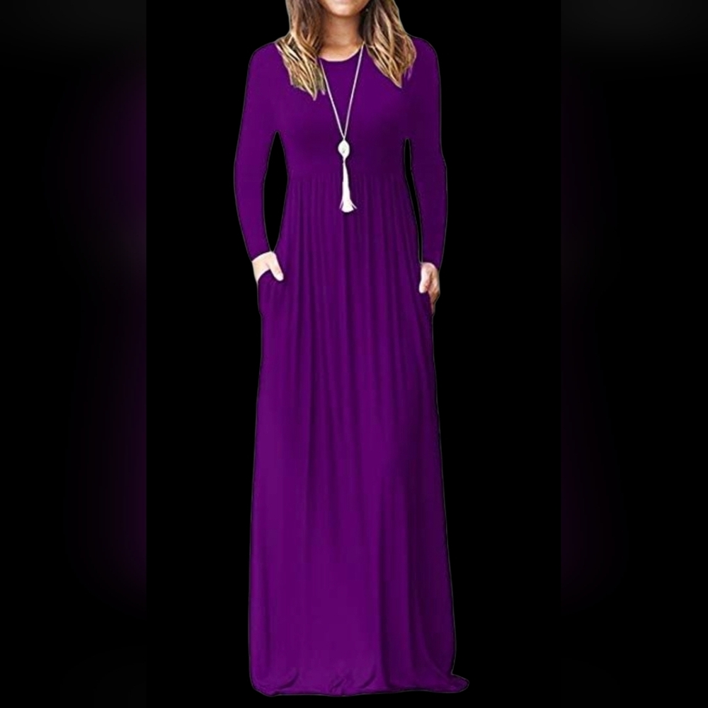 Purple Long Sleeve Crewneck Maxi Dress Empire Waisted w/ Pockets - Size Medium